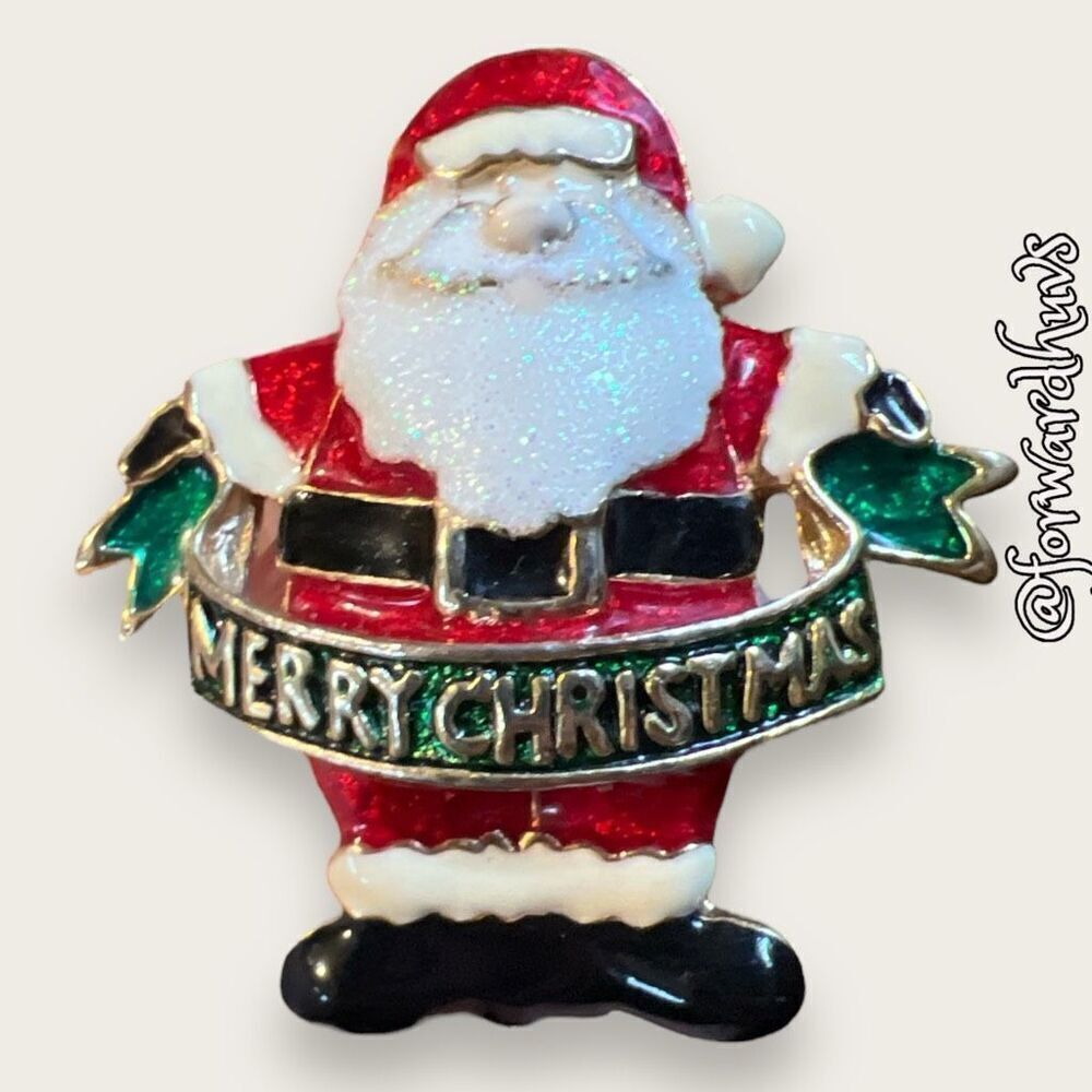 Vintage Santa Merry Christmas Metal & Enamel Brooch